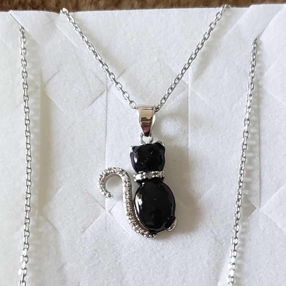 18" Diamond & Black Enamel 🐈 pendant & Chain, Sterling Silver, 0.01 carats NWT